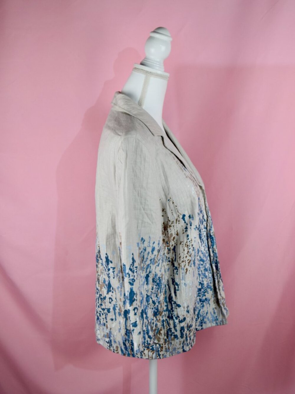 Coldwater Creek Tan & Blue Abstract Watercolor Linen Jacket | Size M - Picture 5 of 7